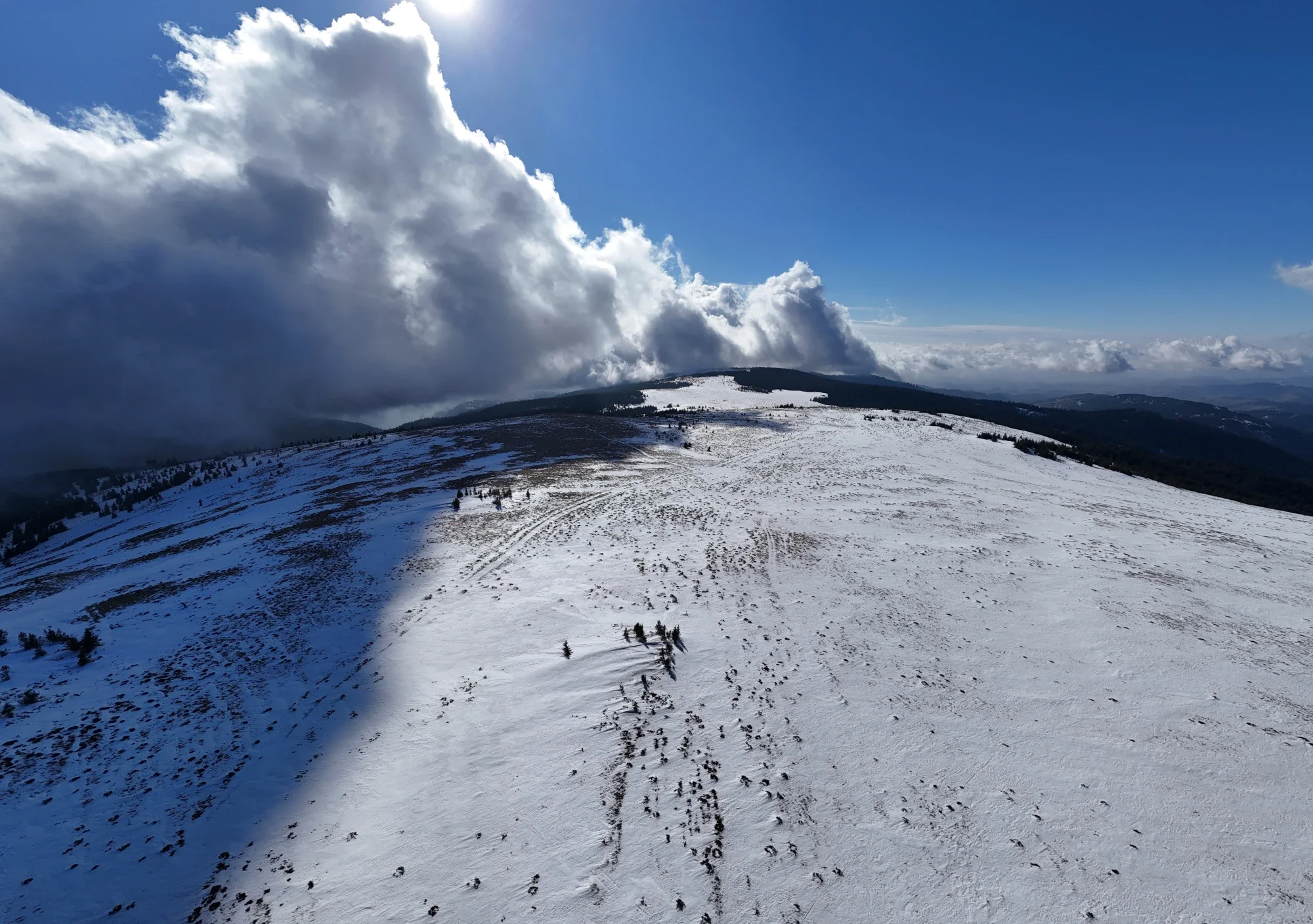 Drone view of the Muntele Mare plateau in winter, Apuseni Mountains, Romania