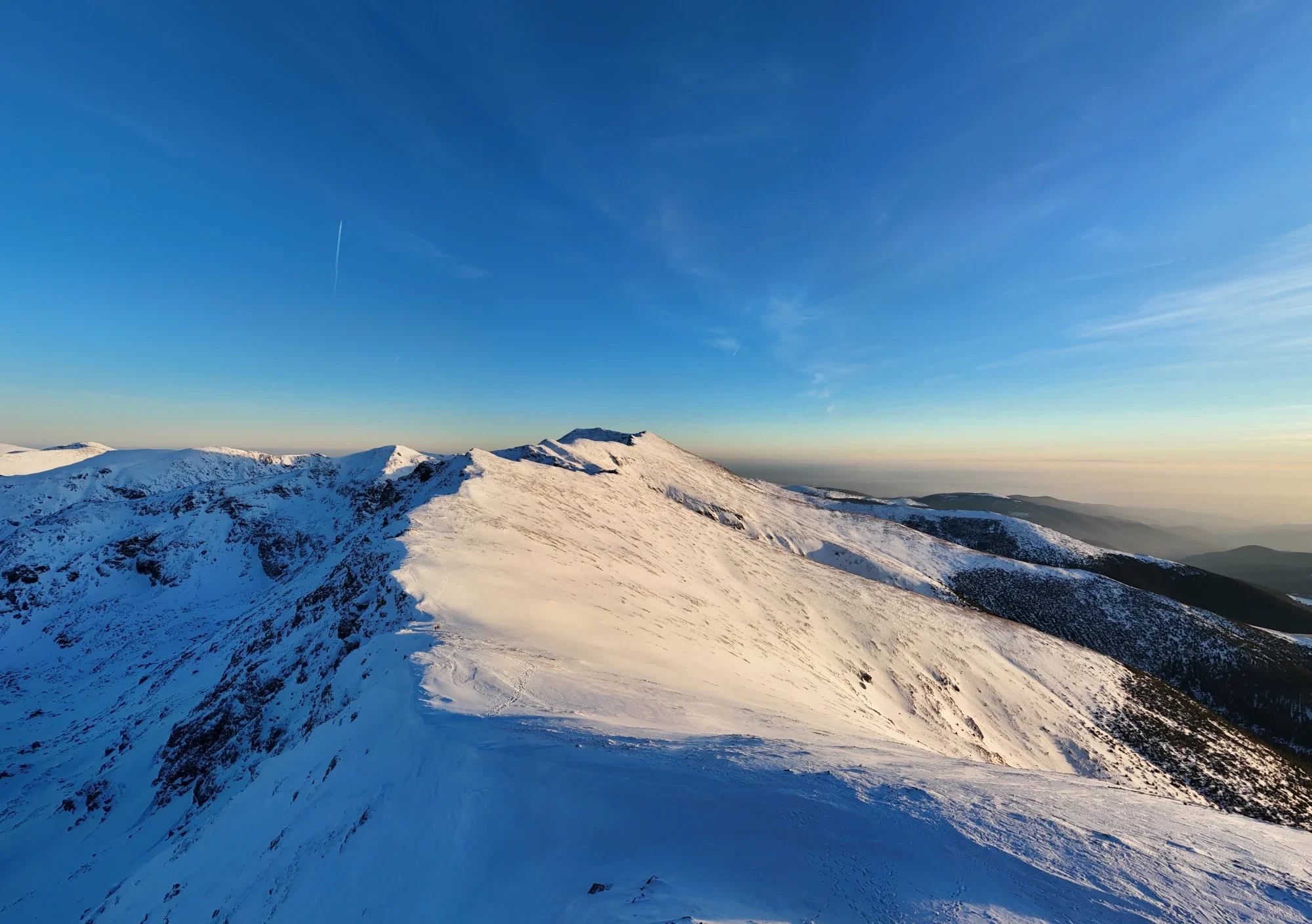 Drone view of Vârful Parângul Mare in winter, Parâng Mountains, Romania